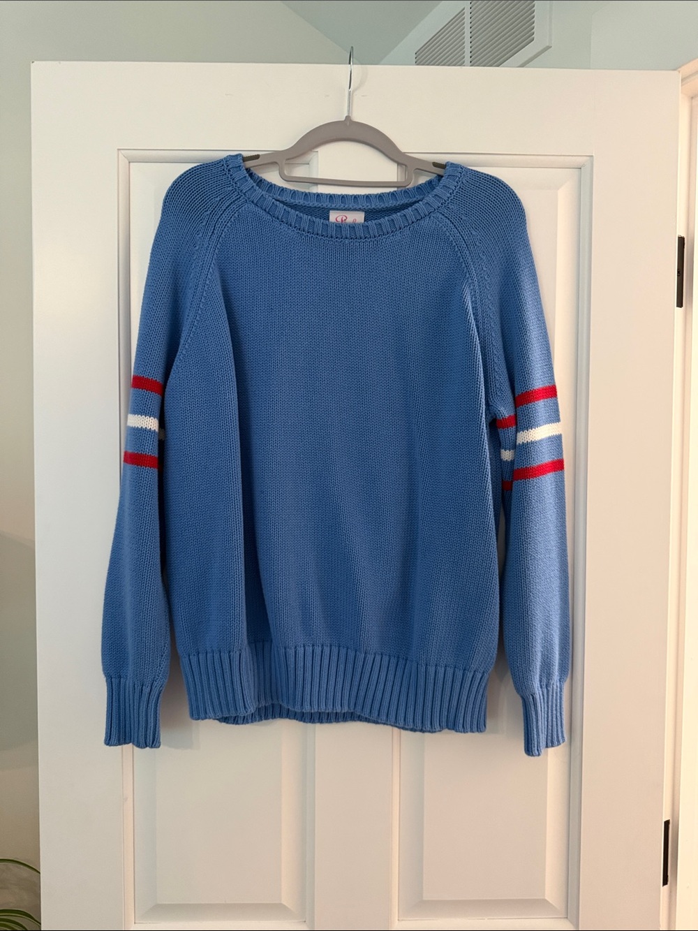 Pink pineapple Blue Women's Crewneck Sweater with Red and White Sleeve Stripes